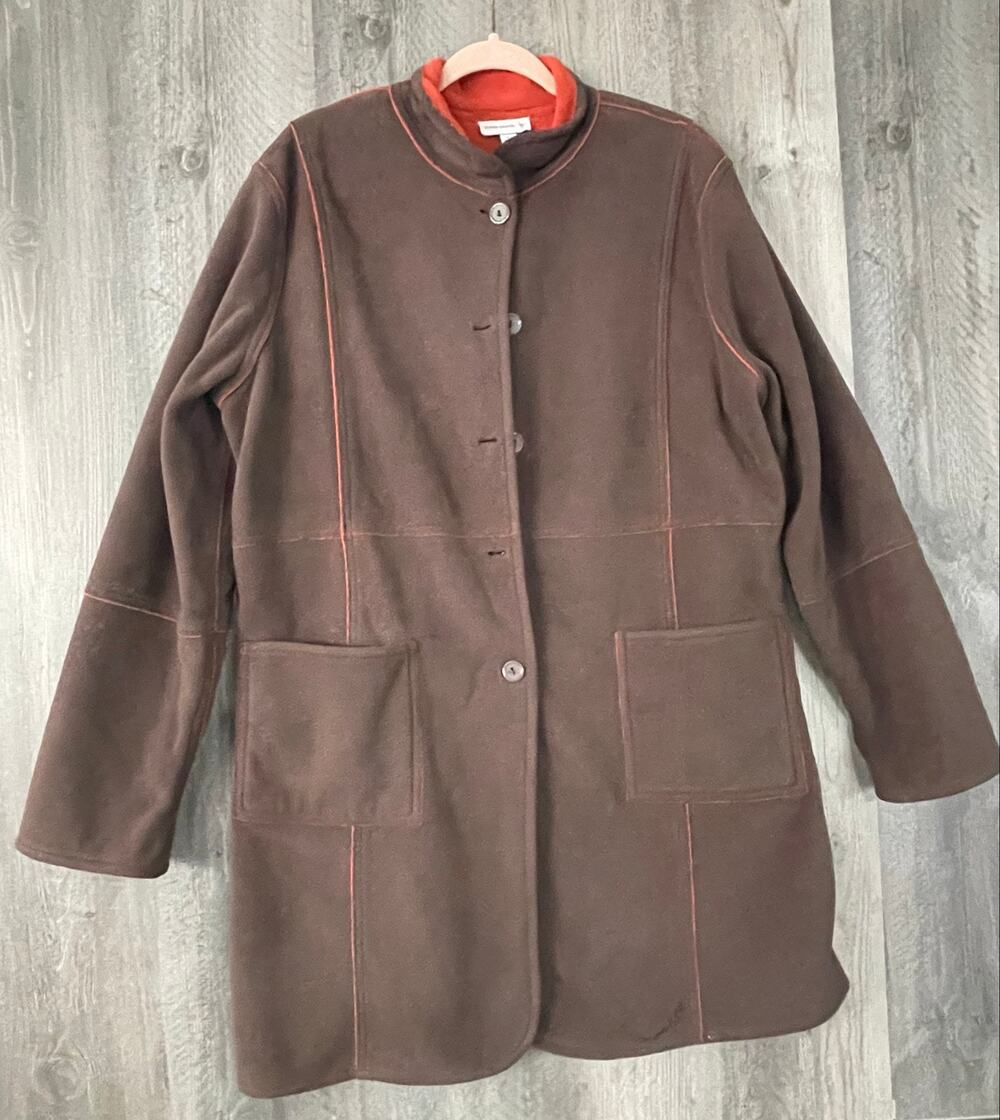 Susan Graver Reversible Fleece Coat Women L Brown Burnt Orange Button Jacket